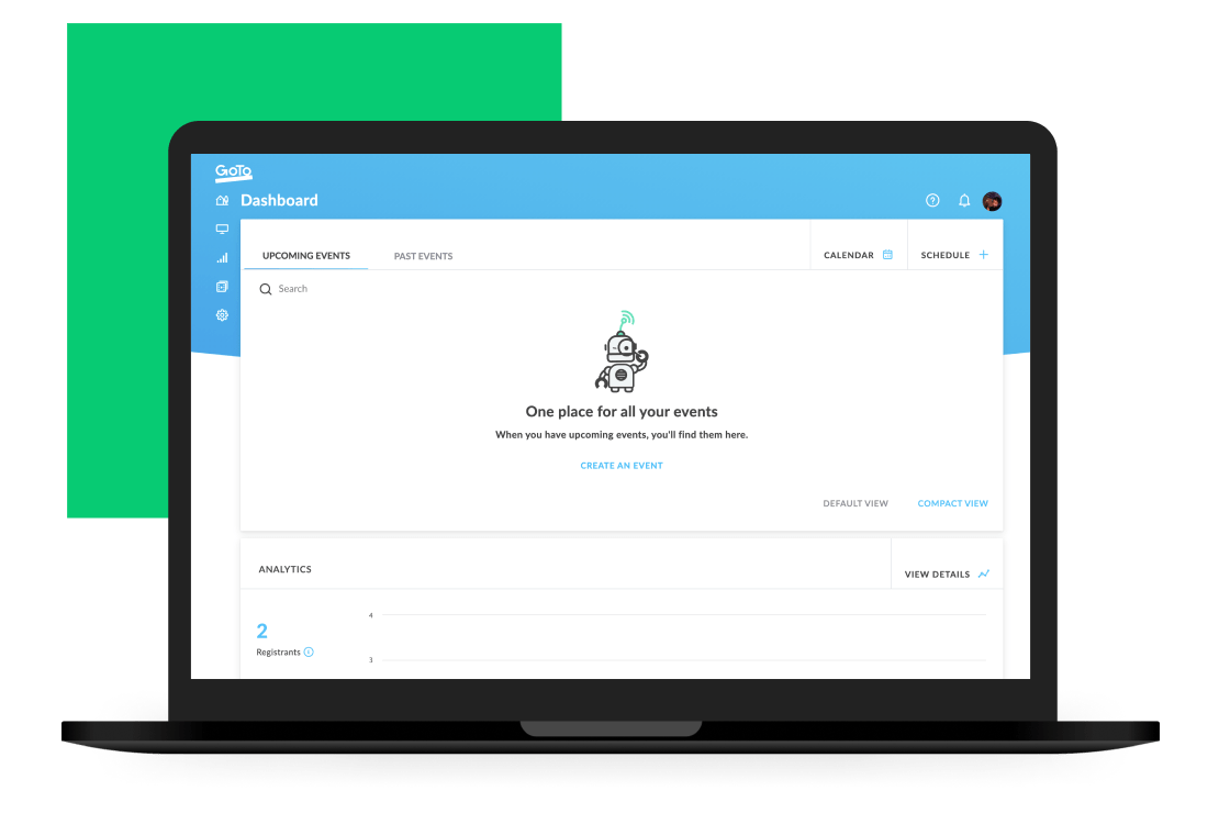 Interfaccia che mostra una sessione GoTo Webinar dal vivo su un browser web.