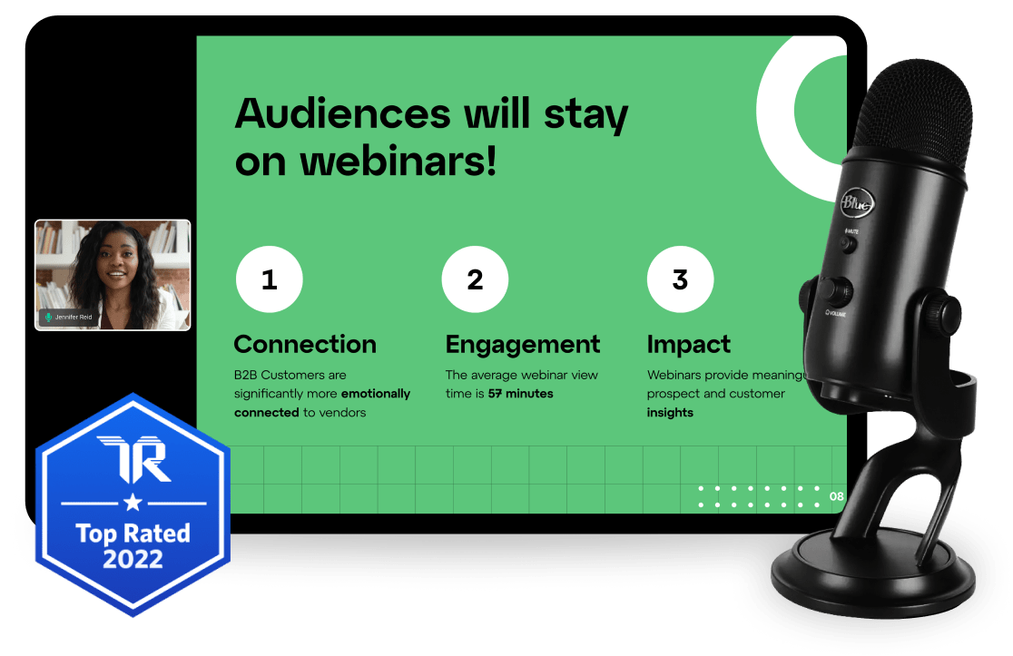 Interfaccia che mostra una sessione di GoTo Webinar con microfono e badge Top Rated 2022 di Trust Rated.