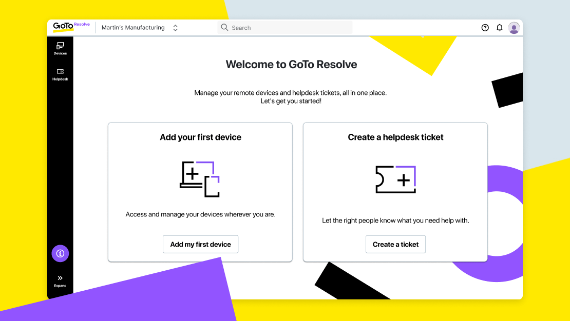 Schermata dell'applicazione per desktop che mostra la nuova procedura di onboarding di GoTo Resolve.