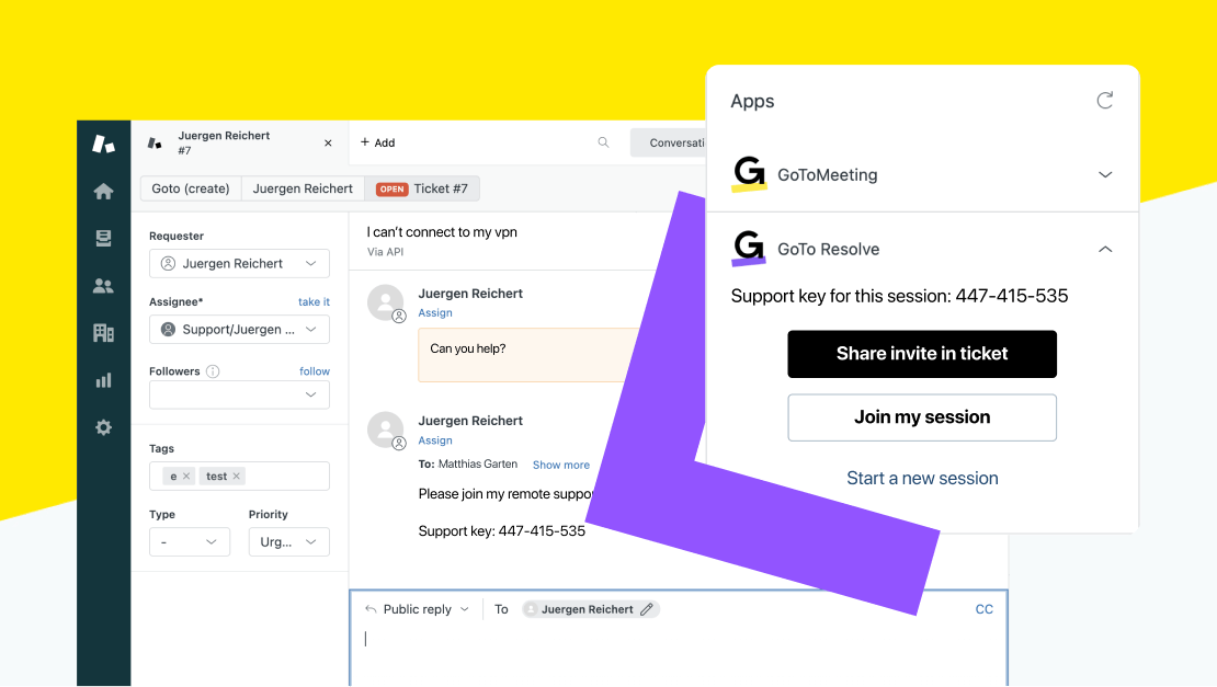 Écrans montrant un ticket Zendesk et la possibilité d’ouvrir une session GoTo Resolve pour le ticket.