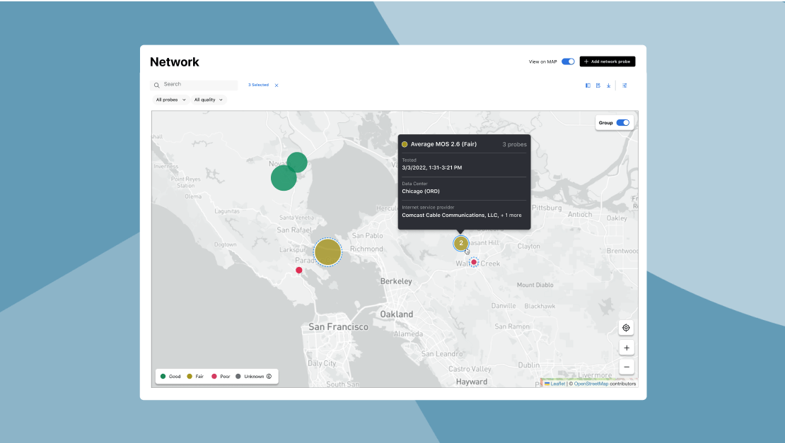 Carte montrant les sondes de détection de réseau et leur puissance de connexion actuelle.