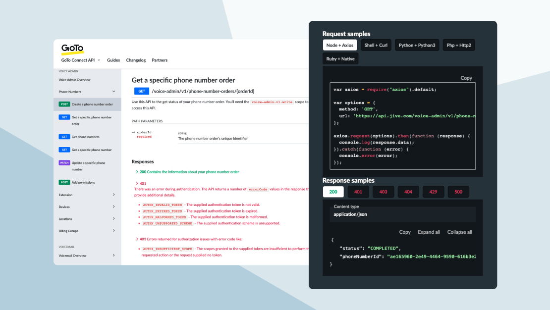 Écrans des guides des API de GoTo montrant comment commander un numéro de téléphone spécifique dans divers langages de programmation.