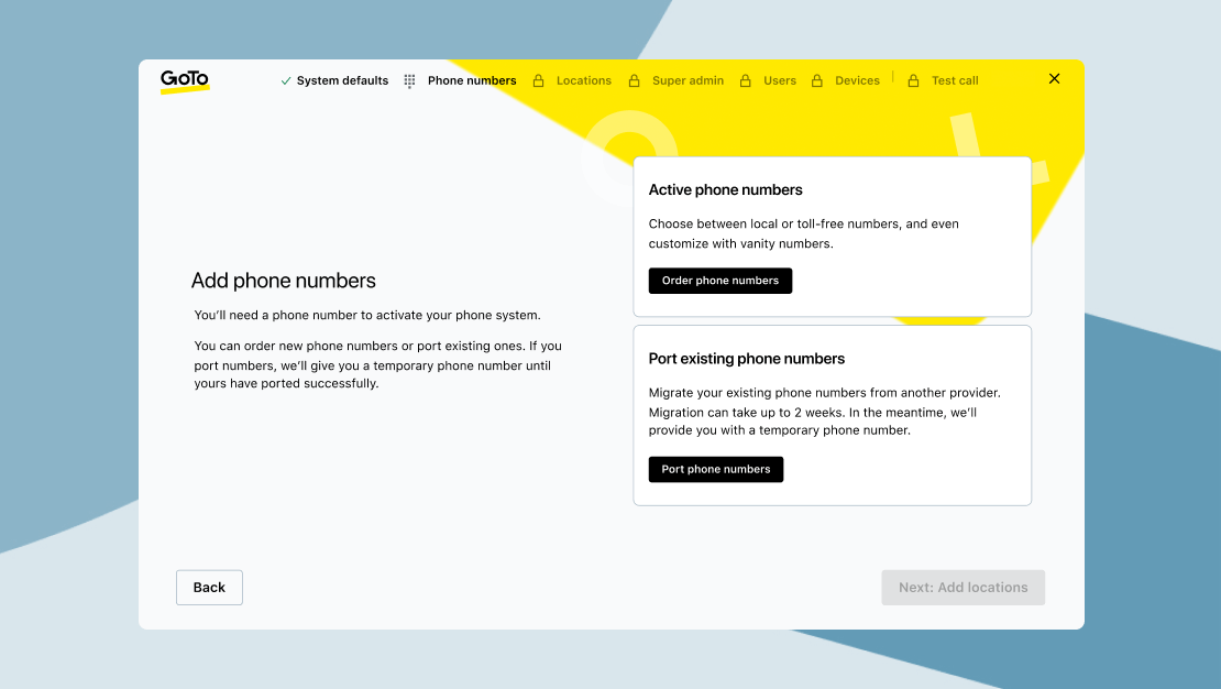 Nieuw onboarding-scherm van de GoTo-app met opties om nieuwe nummers toe te voegen of bestaande nummers te importeren.