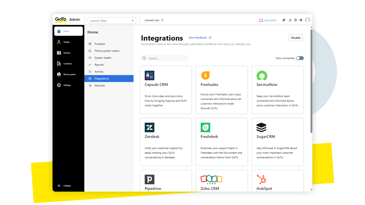 Screenshot van GoTo Connect Integrations, dat laat zien hoe het al je favoriete technologische tools samenbrengt.