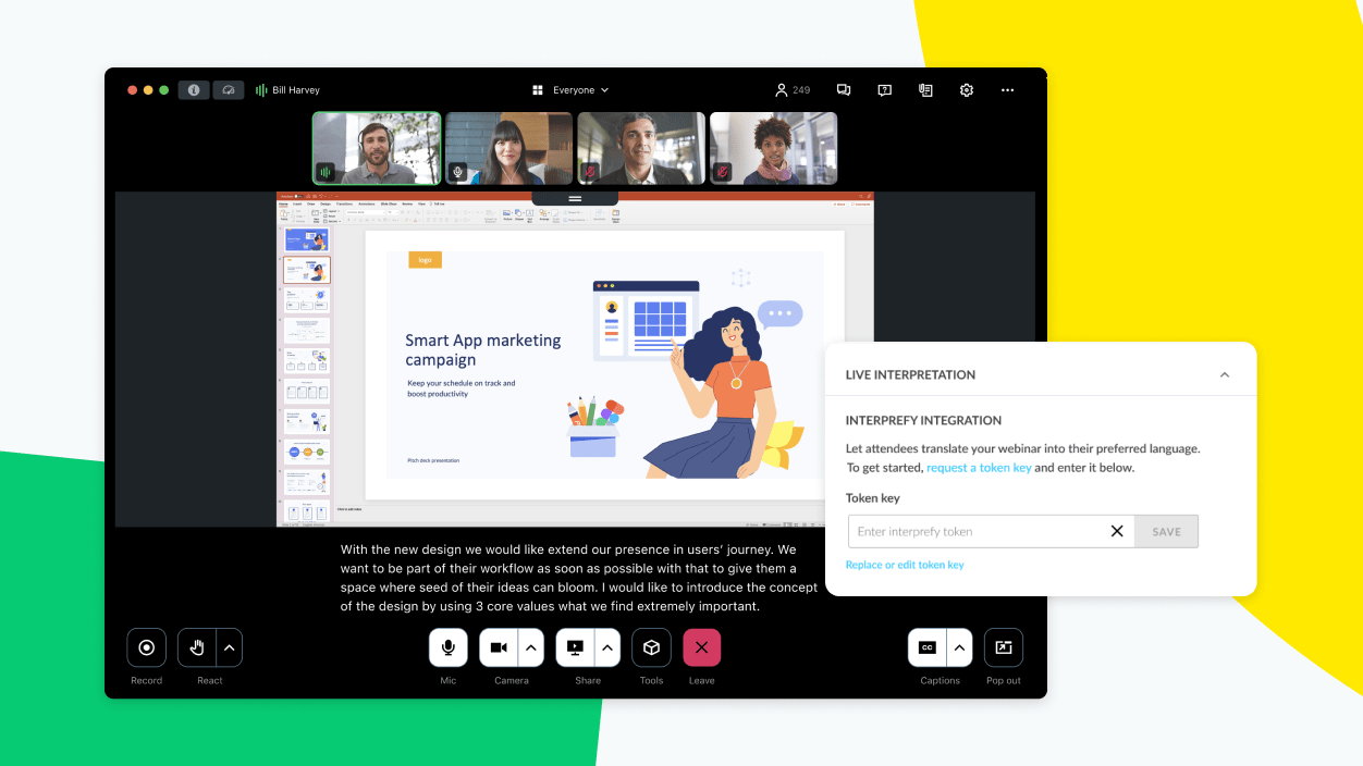 Tela mostrando a integração do Interprefy que derruba barreiras linguísticas.
