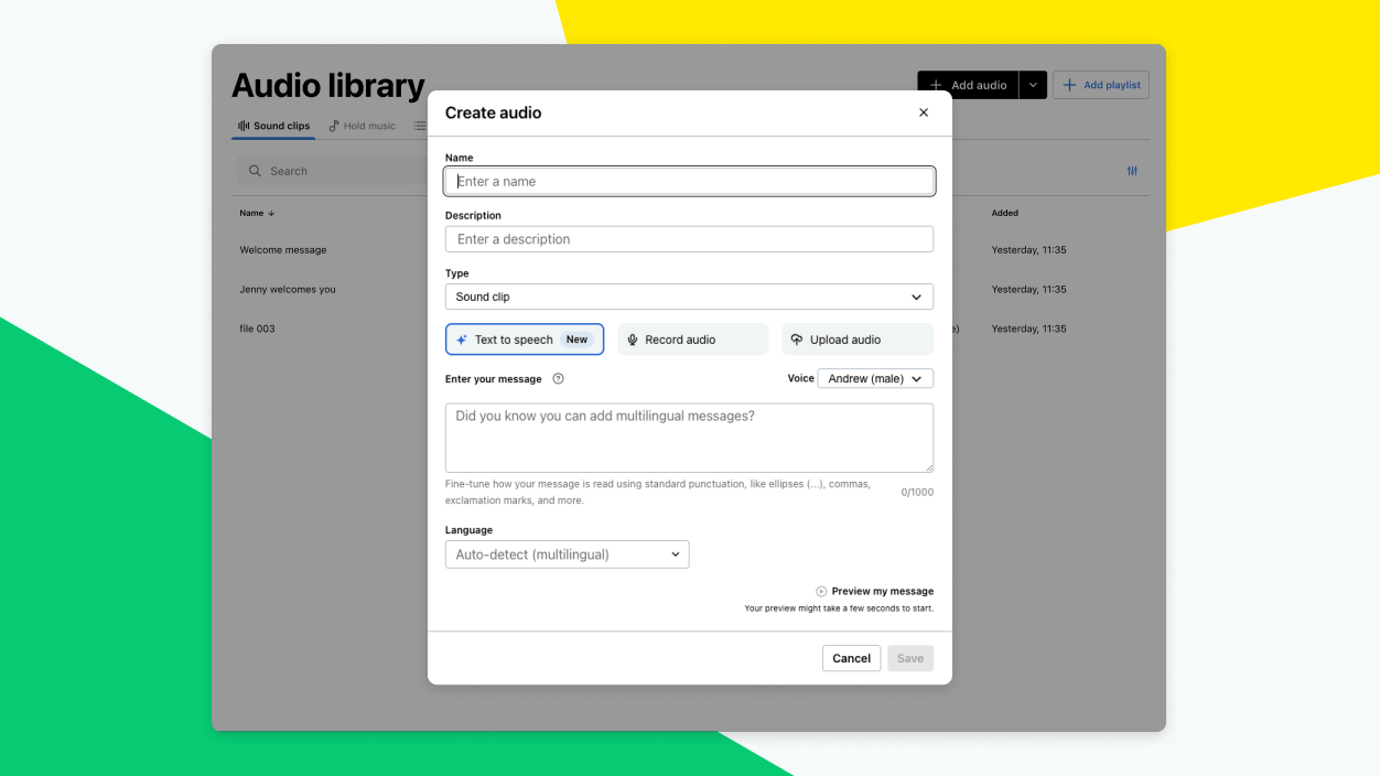 Schermata che mostra come creare facilmente clip audio professionali con l'IA digitando semplicemente il tuo script.