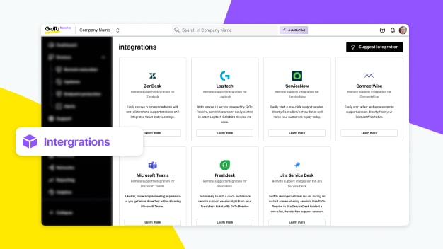 Intégrations GoTo Resolve pour une gestion fluide et efficace des tickets et des sessions à distance.