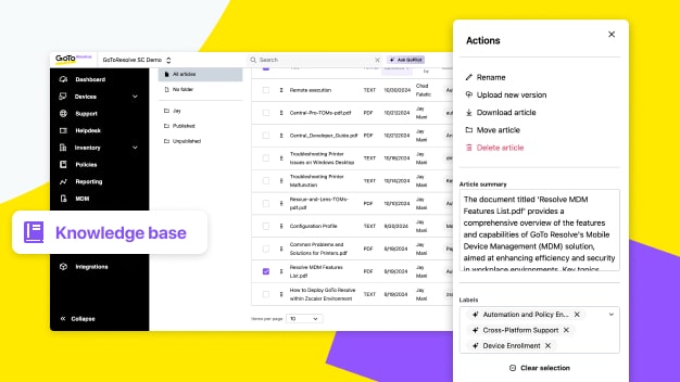 GoTo Resolve Knowledge Base (Beta) for easy creation, storage, and retrieval of articles by AI-powered.