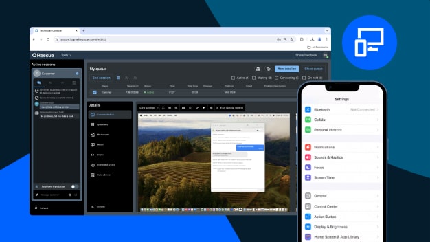 Console web dei tecnici di LogMeIn Rescue accessibile direttamente nel browser, senza bisogno di download.