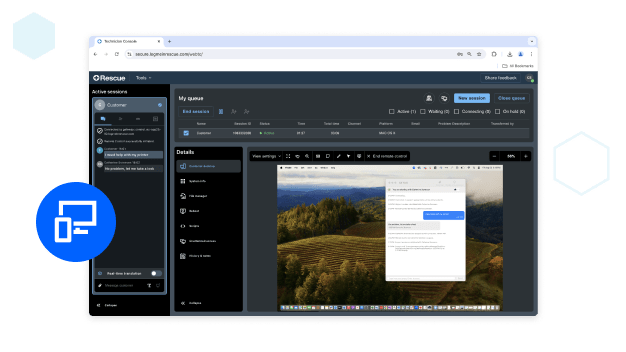 Operationeel dashboard voor reddingsondersteuning waarop wordt gedemonstreerd hoe de operator een functie op het bureaublad van een klant op afstand kan bedienen.
