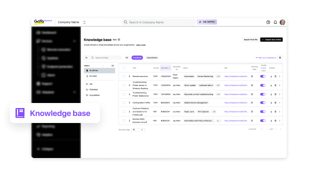 Dashboard GoTo Resolve-kennisbank met krachtige beheer- en trackingtools voor de IT-omgeving.