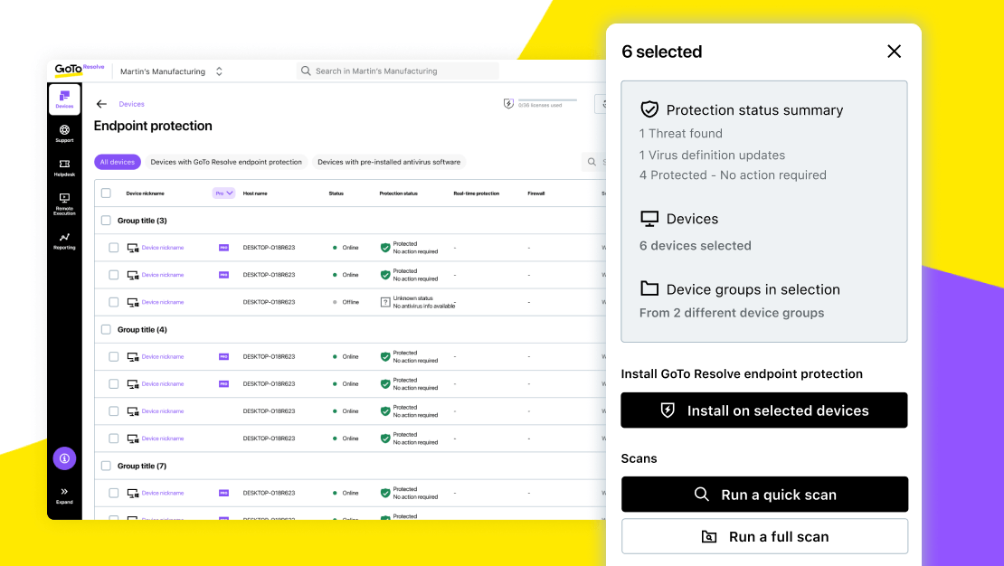 Affichage de la protection des terminaux et de la synthèse des statuts de protection dans GoTo Resolve, avec des options permettant d’effectuer une analyse rapide ou complète