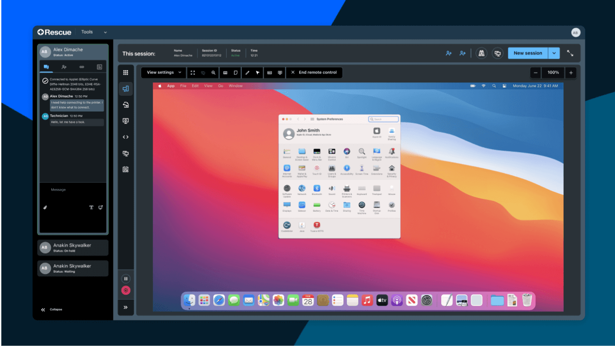 Tela exibindo um agente prestando suporte a um usuário pelo console técnico do LogMeIn Rescue na web.
