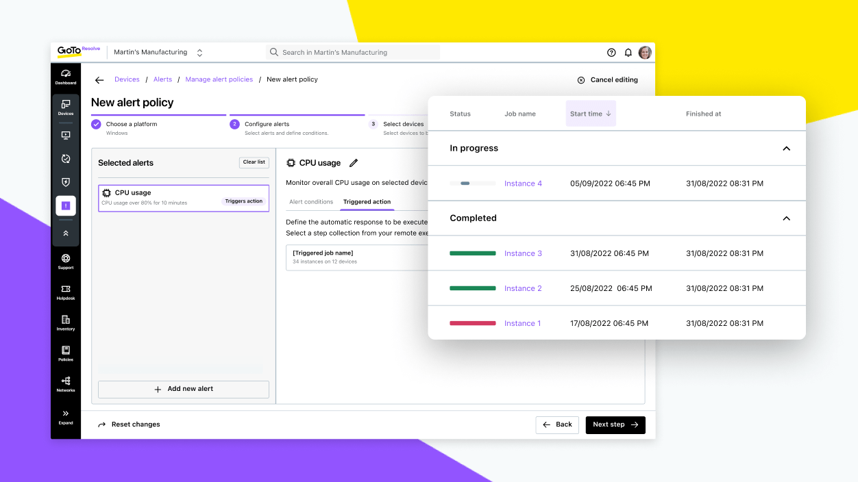 Telas exibindo uma resolução predefinida sendo aplicada a um possível problema e um monitor registrando o progresso das correções.