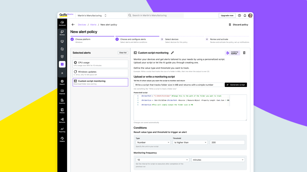 Screen showing a tailored monitoring script being created using the AI guide on GoTo Resolve.