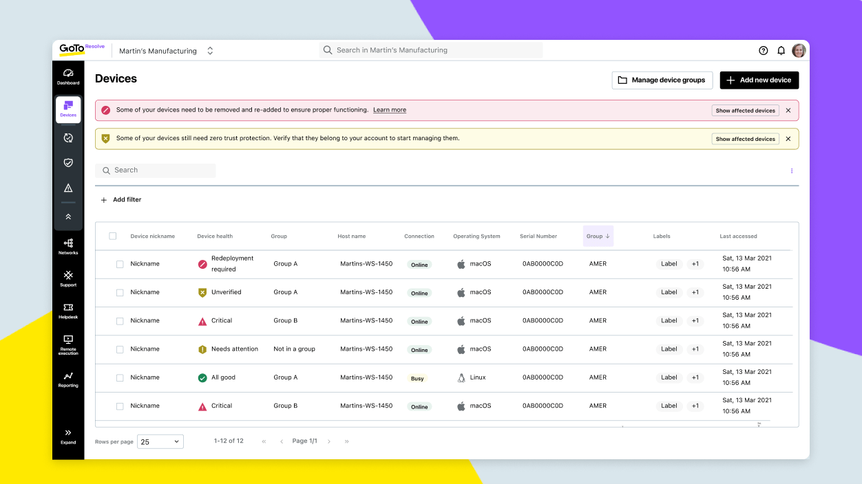 Screen showing a quick overview of device information such as device health and RMM statuses within GoTo Resolve's dashboard.