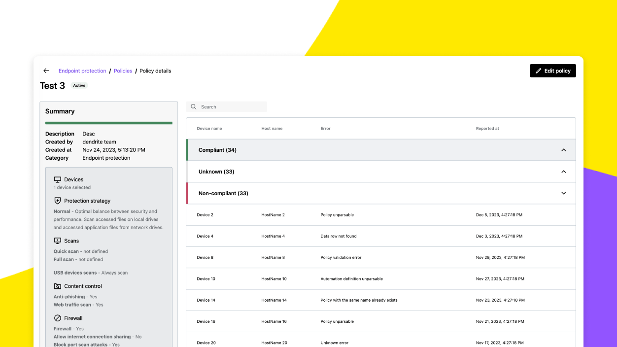Screen showing the summary of policy details for multiple devices using GoTo Resolve's Endpoint Protection add-on.