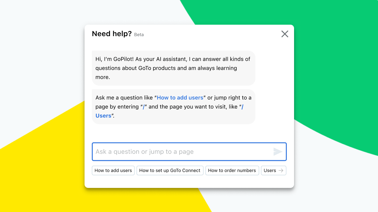 Scherm met een chatgesprek met Admin GoPilot, de ingebouwde AI-assistent van GoTo Connect.
