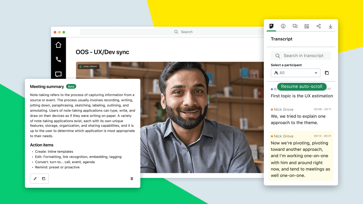 Screenshots showing a GoTo Meeting video conference with an AI-generated transcript and meeting summary.