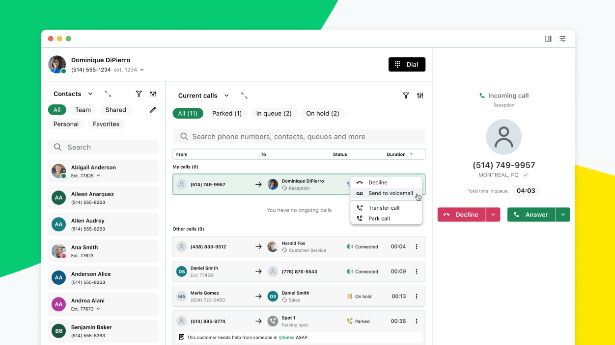 Scherm met het gecentraliseerde dashboard voor gespreksbeheer van GoTo Connect’s Operatorconsole.
