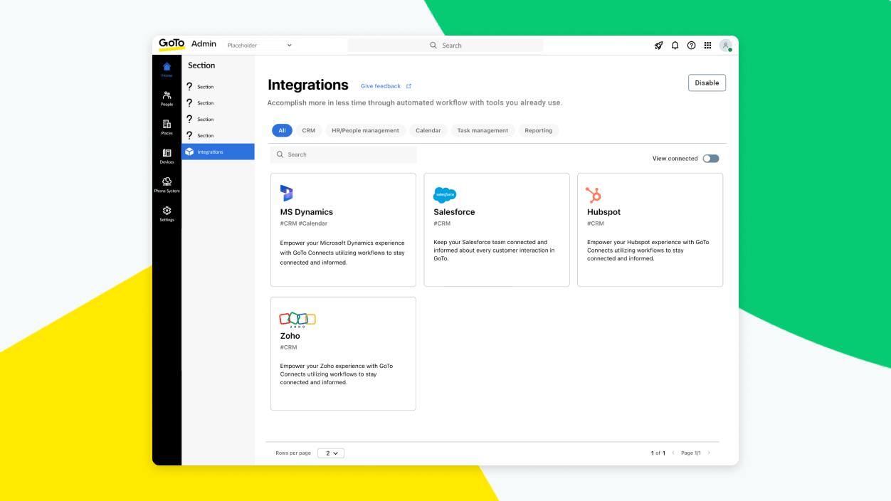 Scherm met GoTo Admin’s tabblad Integraties met de optie om meerdere CRM-tools te koppelen.