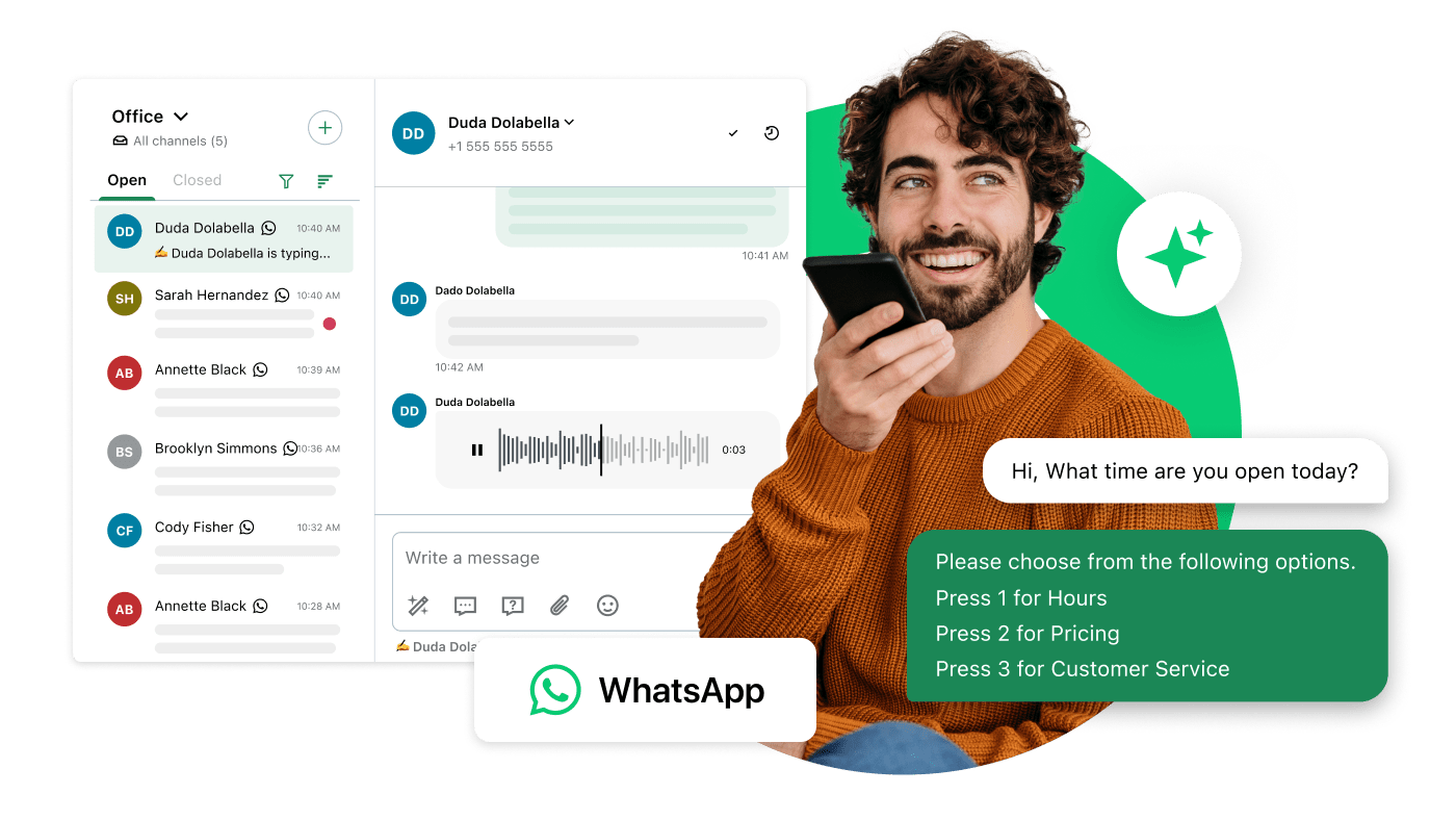 Person using a smartphone with screens displaying GoTo Connect’s omnichannel communication and AI-powered solutions, designed to help SMBs communicate smarter and faster.