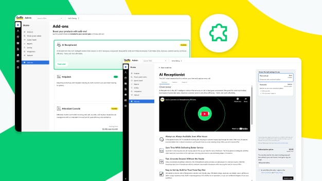 Admin portal interface for GoTo Connect Self-Service Portal showing add-on discovery and purchase options.