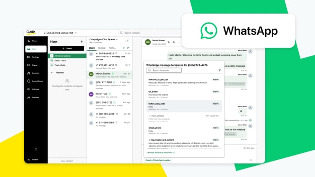 Screenshot of GoTo Connect WhatsApp Outbound Messaging interface for customer conversations.