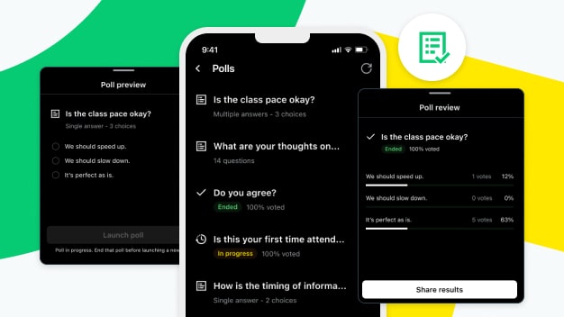 Mobile screens showing GoTo Webinar polling features and options for live event engagement.