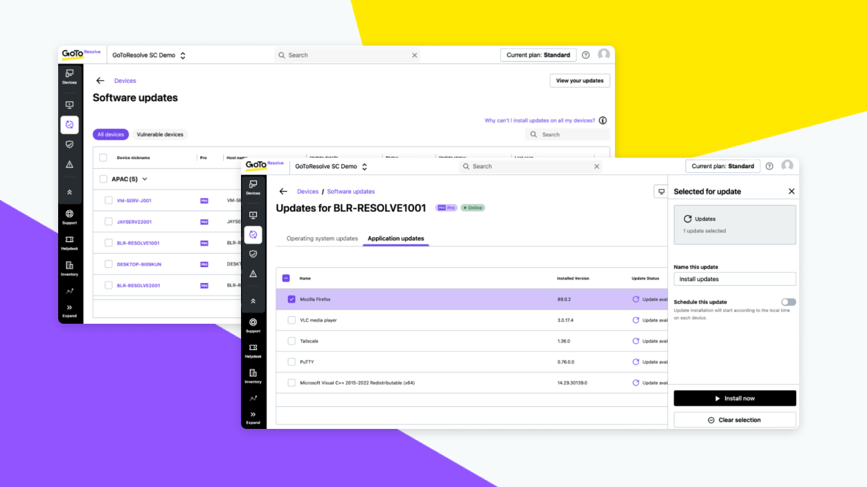 Weergave van GoTo Resolve’s beheer van software-updates op meerdere apparaten.