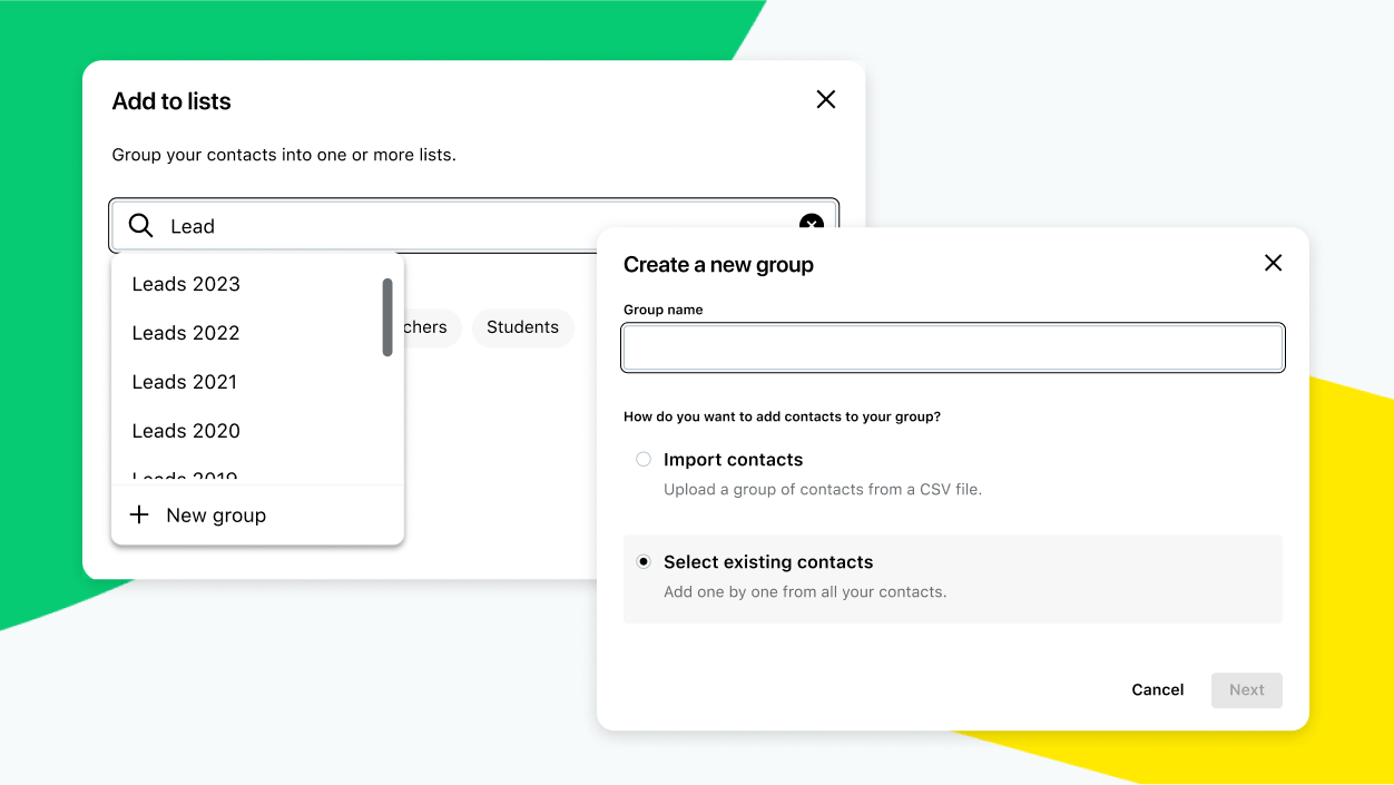 Telas exibindo o processo de seleção ou importação de contatos em novos grupos.