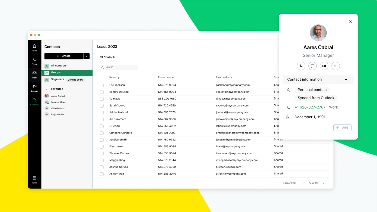 Écrans montrant l’interface des contacts de GoTo Connect.