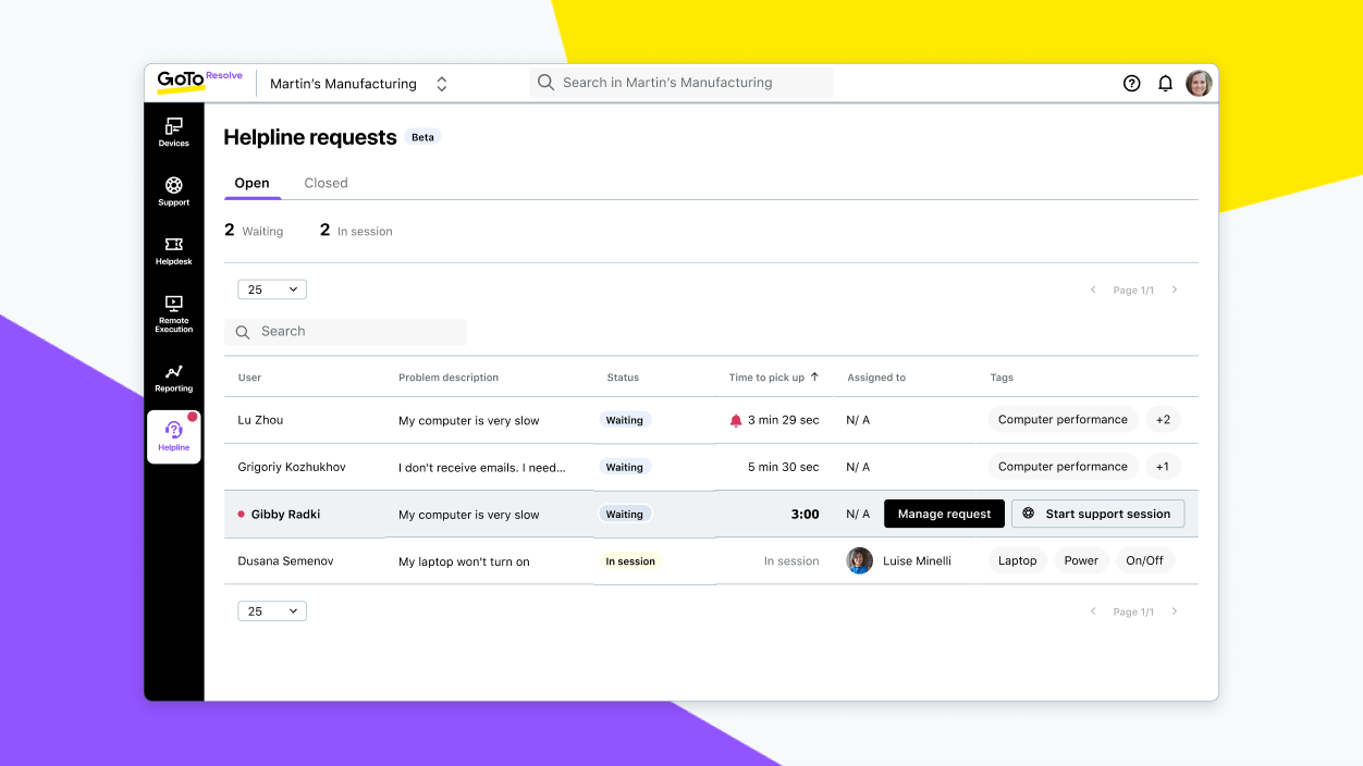 Tela exibindo a página de solicitações da linha de suporte com descrição e status de problemas.