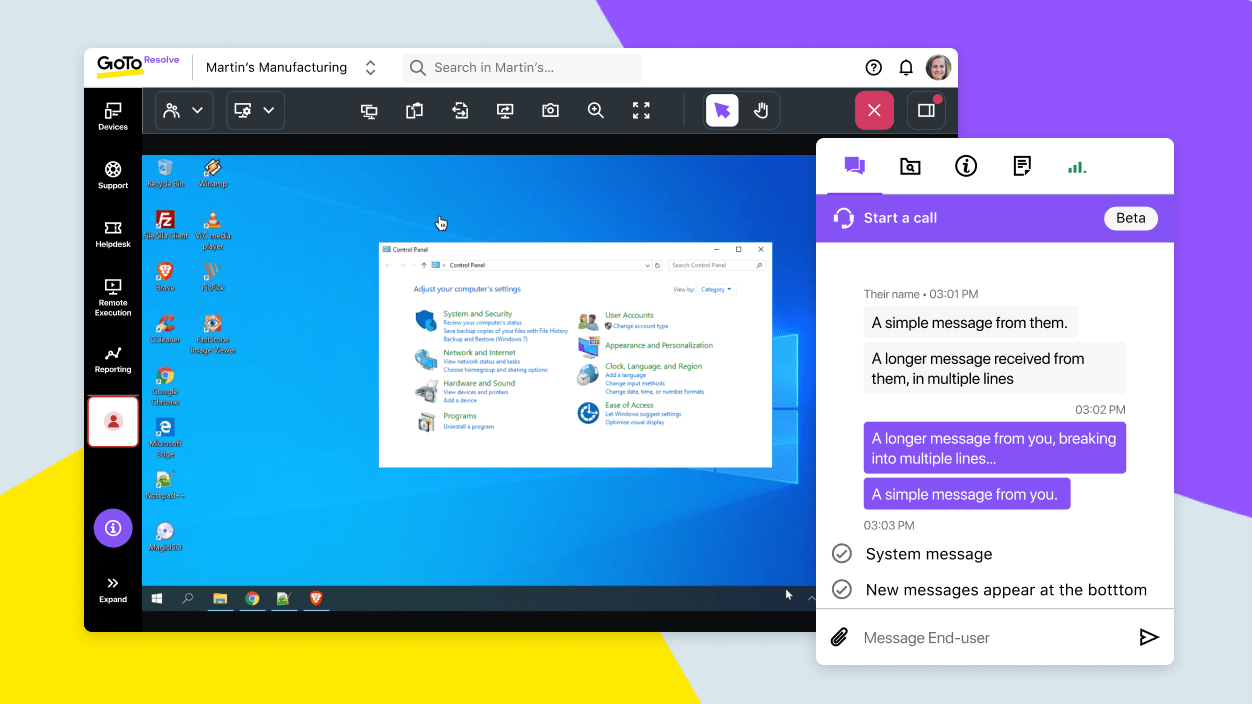 Telas exibindo uma videochamada sendo iniciada durante uma sessão de suporte.