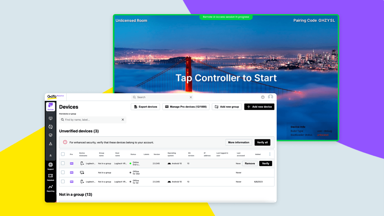 Weergave van GoTo Resolve’s lijst met apparaten en een scherm in een ruimte dat op afstand wordt bestuurd.