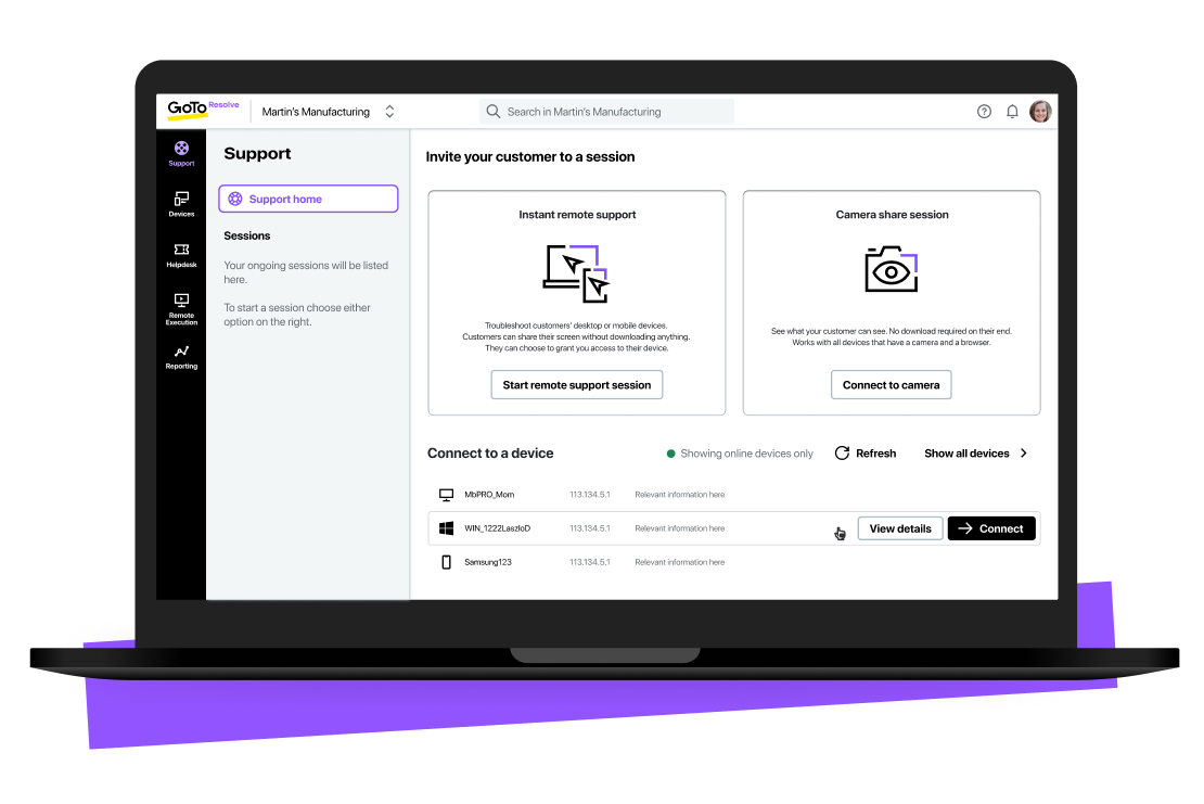 Visualizzazione della dashboard di accesso remoto di GoTo Resolve.