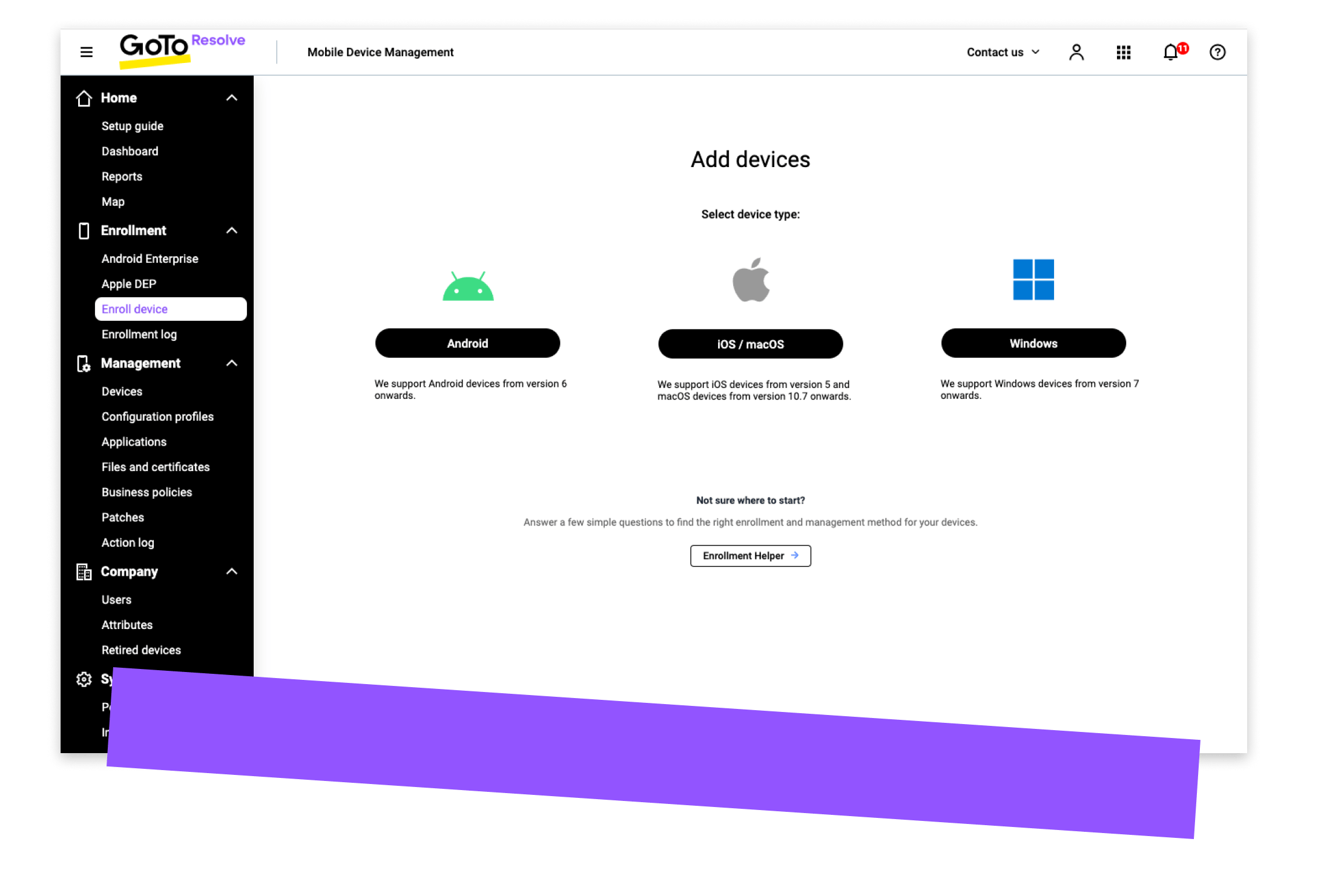 Interface do usuário do gerenciamento de dispositivos móveis do GoTo Resolve para registrar novos dispositivos Apple, Android ou Windows em uma conta.