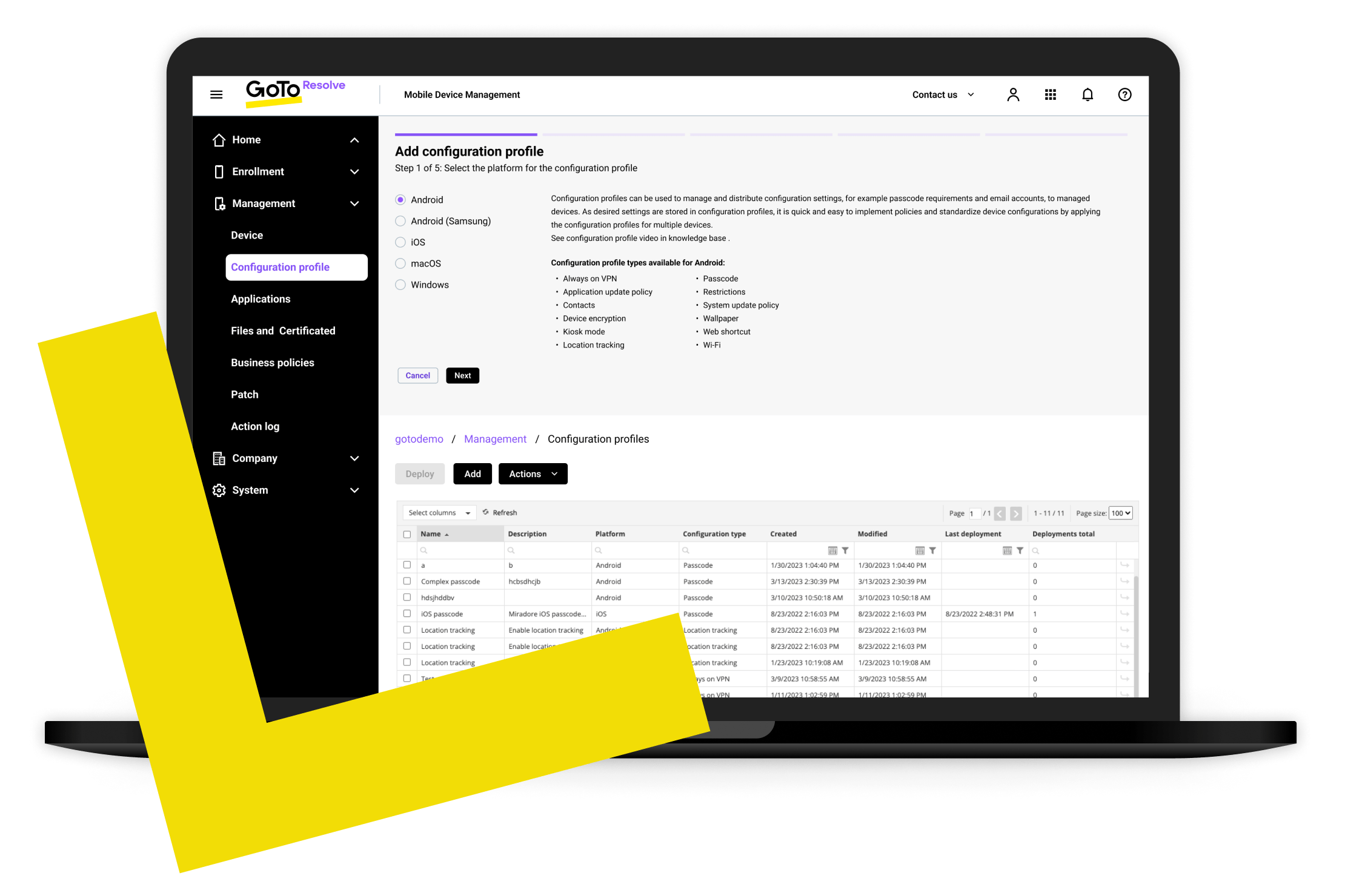 Interfaz de usuario para la herramienta MDM de GoTo Resolve con ajustes de perfil de configuración como inventario de dispositivos, restricciones y configuraciones, aplicaciones y gestión de contenidos.