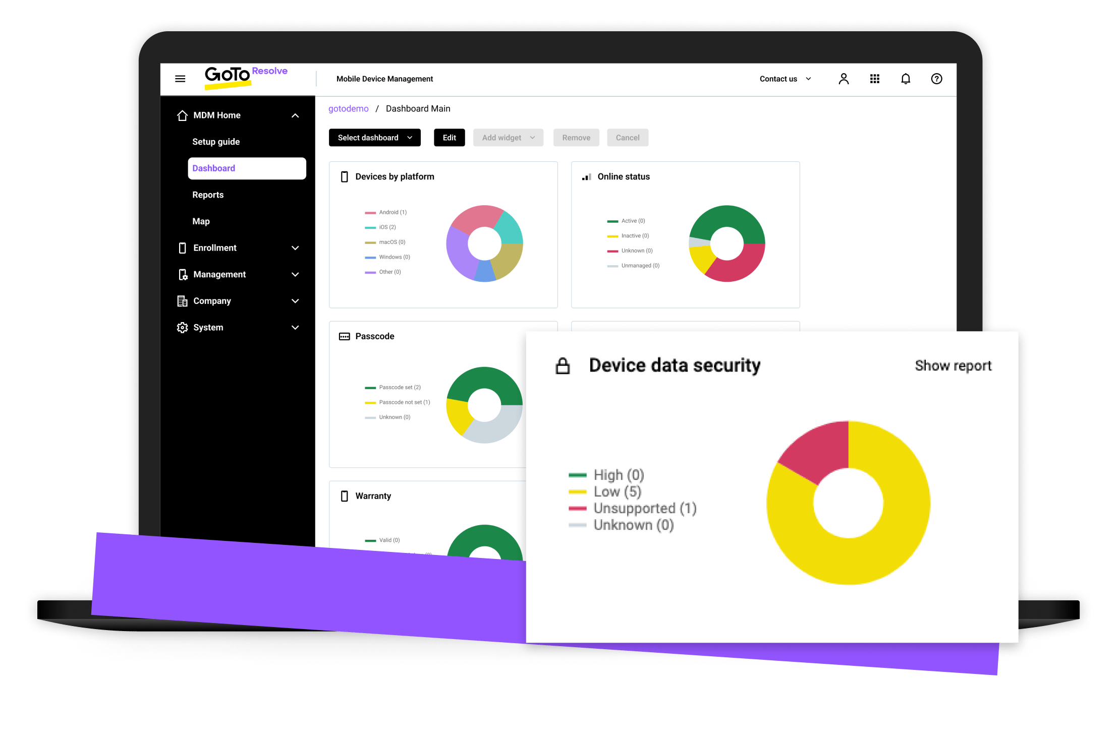 View of security controls and reporting in GoTo Resolve's MDM software platform.