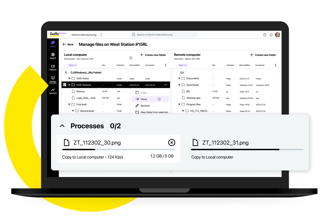 View of GoTo Resolve’s device management tab using file manager feature to transfer files between computers.