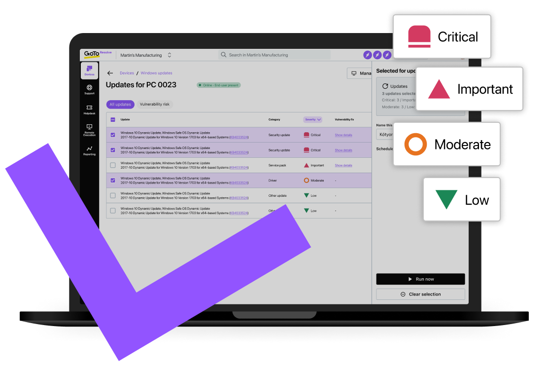 Weergave van GoTo Resolve’s acties voor apparaten met mogelijkheden voor uitvoering op afstand, externe terminal en patchmanagement.